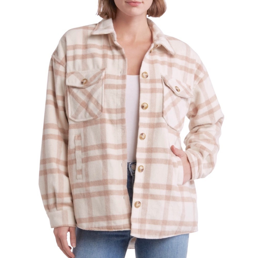 Thread & Supply Women's Plaid Button-Up Light Pink White Shirt Jacket Sz XS